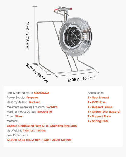 Propane Tank Top Heater, for 1lb Small Tanks and 5-40lb Large Tanks, 18000 BTU Rapid Heating 180-Degree Infrared Radiant Tank Top Gas Heater,3 Heat Settings for Ice Fishing,Single Burner