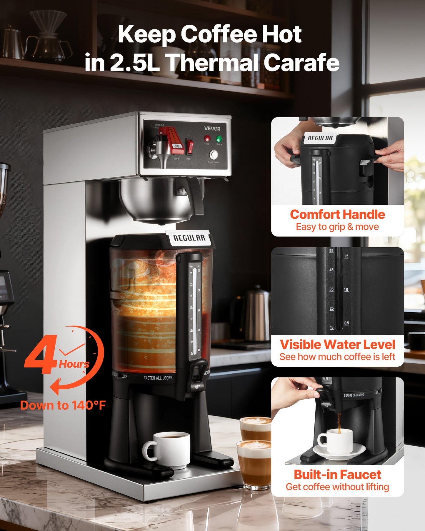 Commercial Drip Coffee Maker, 16-17 Cups Machine with 2.5 L Thermal Carafe, Keep Warm for 4 Hours, Stainless Steel Brewer with Auto Water Filling, for Restaurant, Office, Coffee Shop & Home