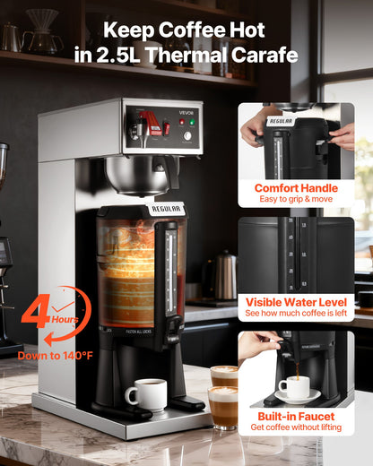 Commercial Drip Coffee Maker, 16-17 Cups Machine with 2.5 L Thermal Carafe, Keep Warm for 4 Hours, Stainless Steel Brewer with Auto Water Filling, for Restaurant, Office, Coffee Shop & Home
