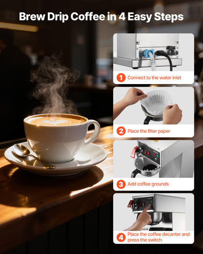 Commercial Drip Coffee Maker, 16-17 Cups Machine with 2.5 L Thermal Carafe, Keep Warm for 4 Hours, Stainless Steel Brewer with Auto Water Filling, for Restaurant, Office, Coffee Shop & Home