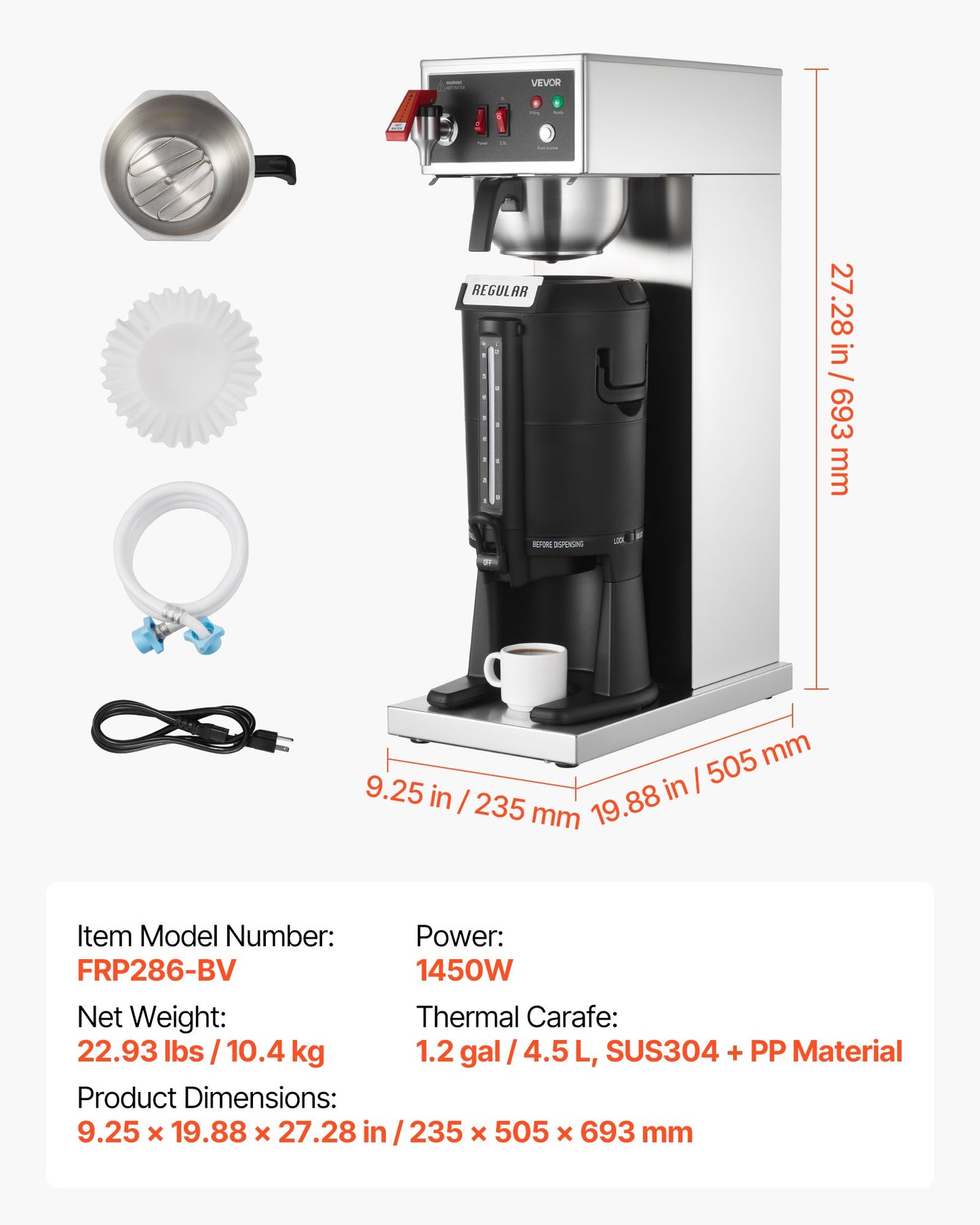 Commercial Drip Coffee Maker, 16-17 Cups Machine with 2.5 L Thermal Carafe, Keep Warm for 4 Hours, Stainless Steel Brewer with Auto Water Filling, for Restaurant, Office, Coffee Shop & Home
