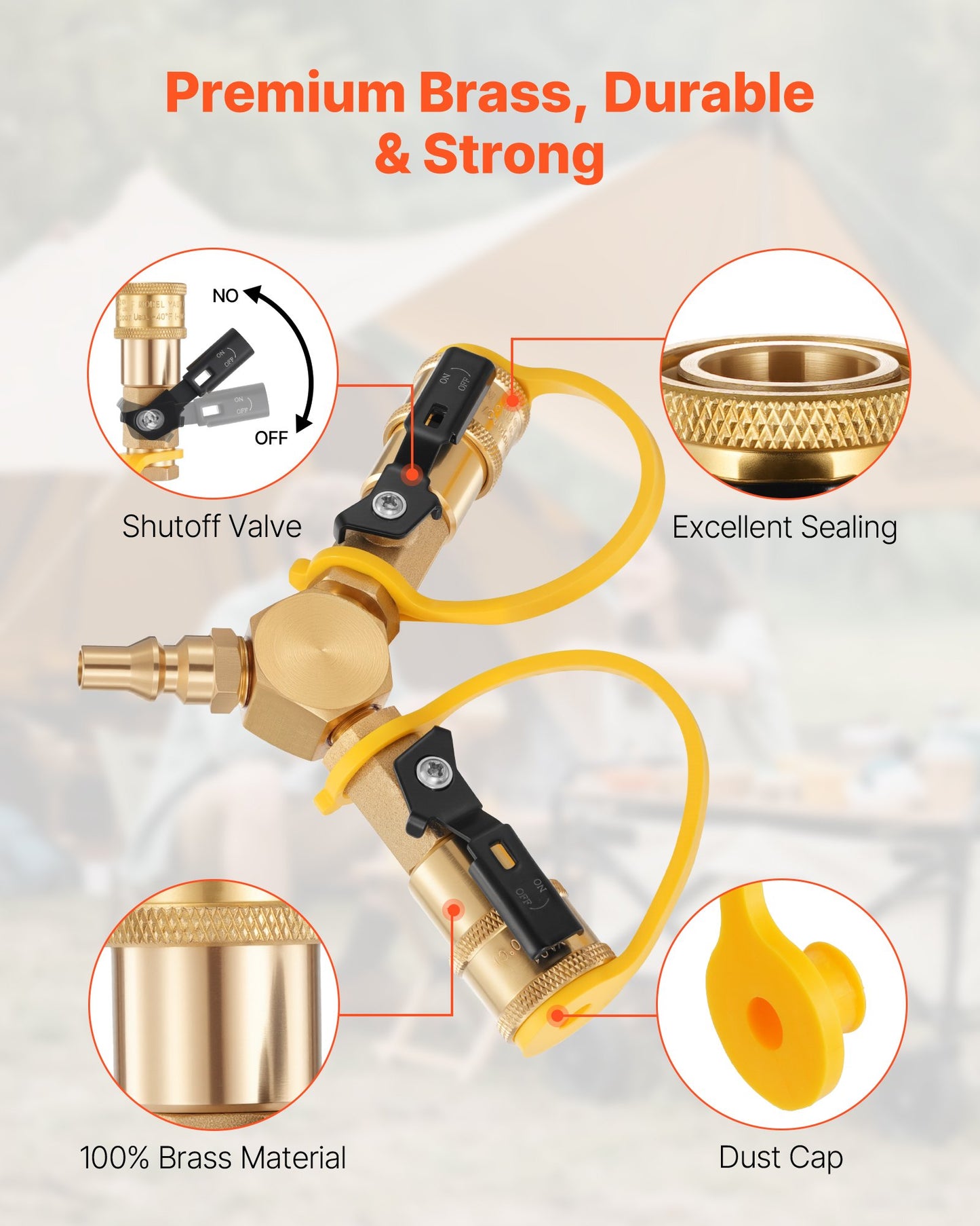 RV Propane Quick Connect Y Splitter Adapter with Shutoff Valve, 2 Way 1/4 inch Quick Disconnect Kit, Fits for RV Trailer, Quick Connect Propane Hose Connect to Motorhome Tabletop Camping Grill