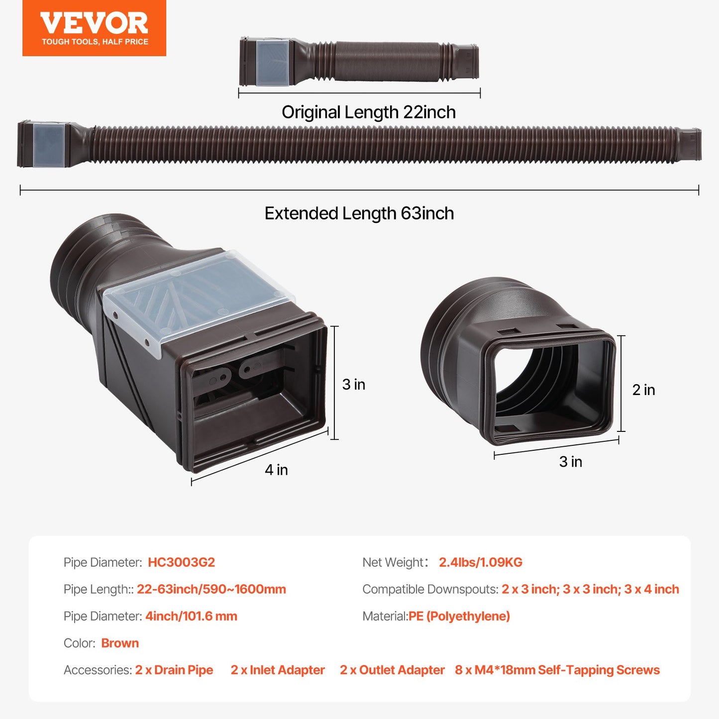 Rain Gutter Downspout Extensions, 2-Pack Flexible Downspout Extender, Down Spout Drain Extension Extendable from 22" to 63", Gutter Extensions with Adapters, for Rainwater Drainage, Brown