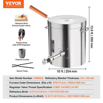 Propane Melting Furnace Kit, 8KG/18lbs Gas Metal Melting Furnace Kit, Foundry Home Kiln with Crucible, Tongs, Wooden Handle, Smelting Casting Tool for Gold Silver Copper Aluminum Metal Recycle