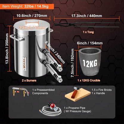 Propane Melting Furnace Kit, 12KG Large Capacity Foundry Home Kilns,Stainless Steel Smelter, Blacksmithing Forge with Crucible an Tongs Kiln, For Metal Scrap Recycle, Gold Copper Silver Casting