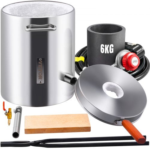 6KG Propane Melting Furnace Kit, Large Capacity Foundry Home Kilns, Blacksmithing Forge with Crucible & Tongs Kiln, Stainless Steel, For Metal Scrap Recycle, Gold Copper Silver Casting
