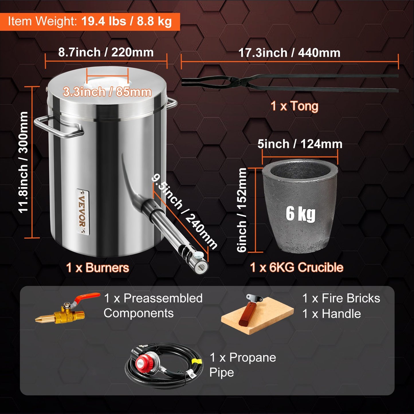 6KG Propane Melting Furnace Kit, Large Capacity Foundry Home Kilns, Blacksmithing Forge with Crucible & Tongs Kiln, Stainless Steel, For Metal Scrap Recycle, Gold Copper Silver Casting