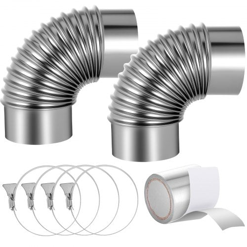 2 Pack Dryer Vent Elbow, 90 Degree Hose Connector Kit for 4 Inch Duct, Stainless Steel Vent Elbows with 4 Clamps and Aluminum Foil Tape, for HVAC Ducts, Pipes, and Ductworks at Tight Space
