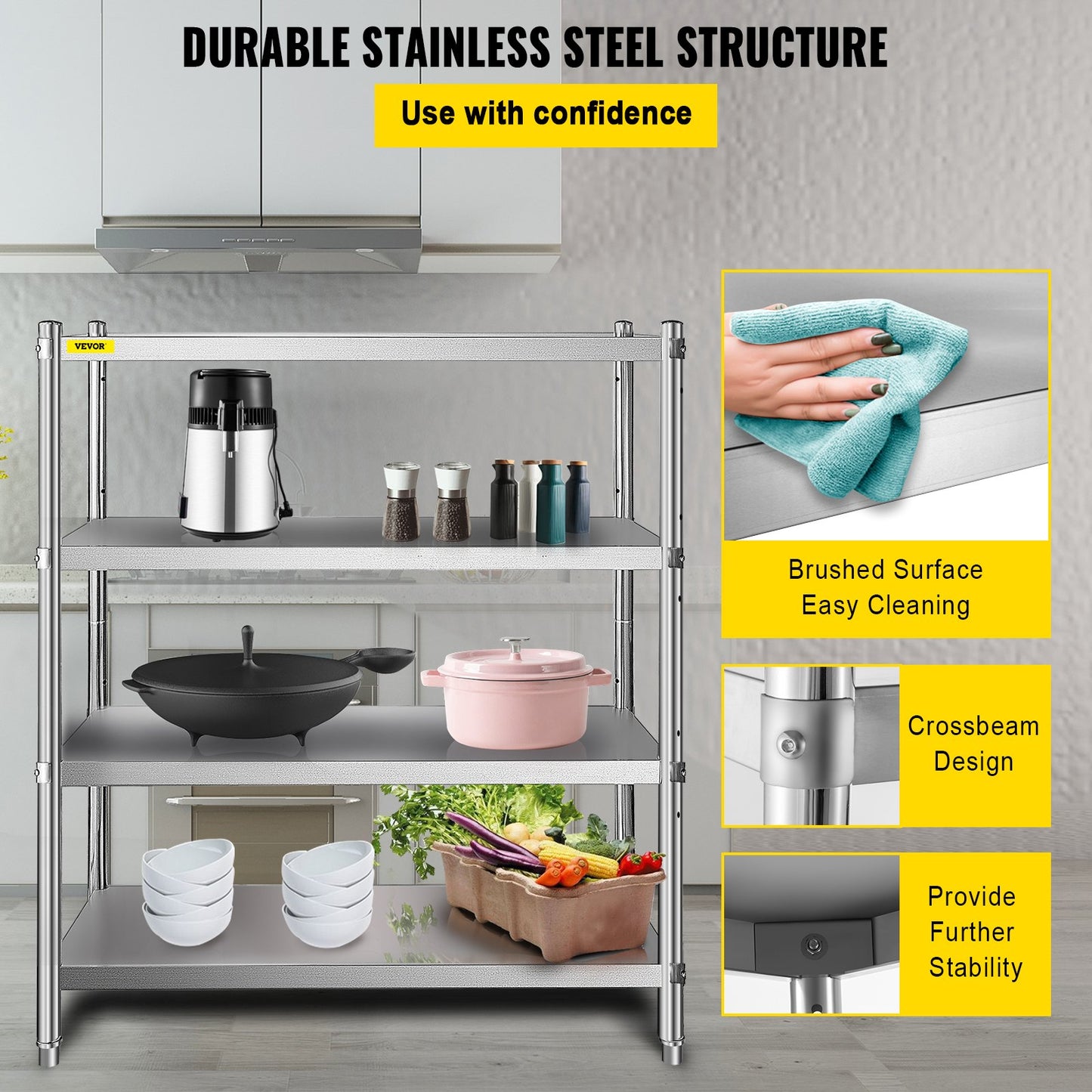 Stainless Steel Shelving 46.8x18.5 Inch 4 Tier Adjustable Shelf Storage Unit Stainless Steel Heavy Duty Shelving for Kitchen Commercial Office Garage Storage 330lb Per Shelf