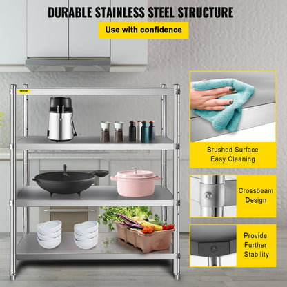 Stainless Steel Shelving 46.8x18.5 Inch 4 Tier Adjustable Shelf Storage Unit Stainless Steel Heavy Duty Shelving for Kitchen Commercial Office Garage Storage 330lb Per Shelf