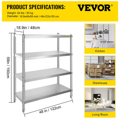 Stainless Steel Shelving 46.8x18.5 Inch 4 Tier Adjustable Shelf Storage Unit Stainless Steel Heavy Duty Shelving for Kitchen Commercial Office Garage Storage 330lb Per Shelf
