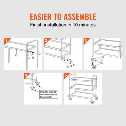 Küchenutensilienwagen, 3 Ebenen, Drahtrollwagen mit 204 kg Tragkraft, Servicewagen aus Stahl auf Rädern, Lagerwagen aus Metall mit 80-mm-Korb, gebogenem Griff, PP-Innenschale, 6 Haken, für drinnen und draußen