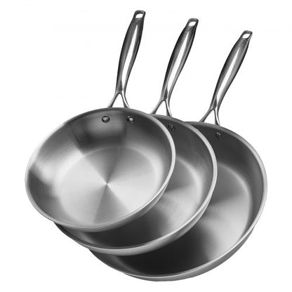 Tri-Ply Stainless Steel Frying Pan, 3 Pcs Set (8, 10, 12 in), Cooking Skillet with Heat-Resistant Handle, Chef's Kitchen Cookware, Oven, Gas, Electric, Induction, Dishwasher Compatible, Silver