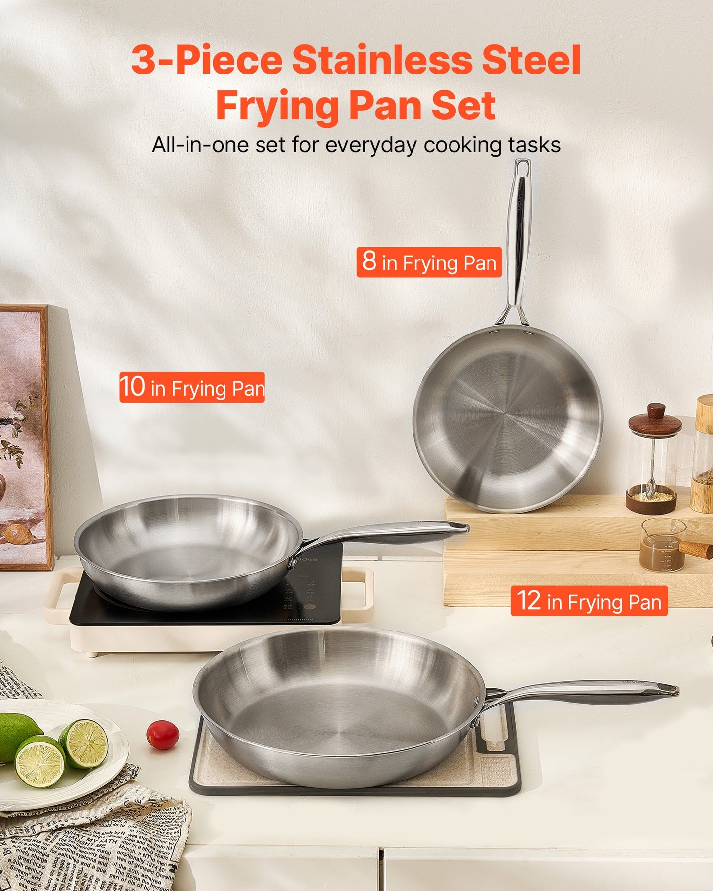 Tri-Ply Stainless Steel Frying Pan, 3 Pcs Set (8, 10, 12 in), Cooking Skillet with Heat-Resistant Handle, Chef's Kitchen Cookware, Oven, Gas, Electric, Induction, Dishwasher Compatible, Silver