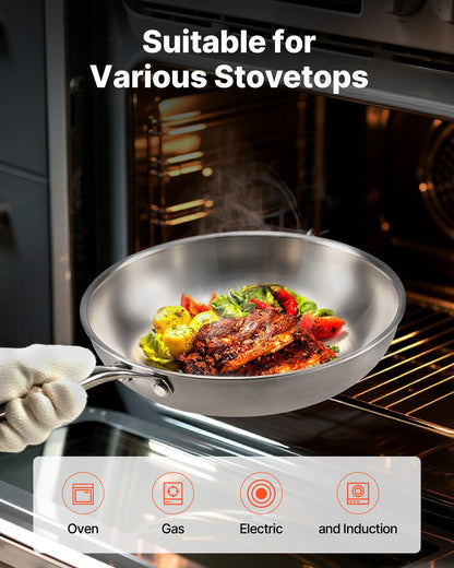 Tri-Ply Stainless Steel Frying Pan, 3 Pcs Set (8, 10, 12 in), Cooking Skillet with Heat-Resistant Handle, Chef's Kitchen Cookware, Oven, Gas, Electric, Induction, Dishwasher Compatible, Silver