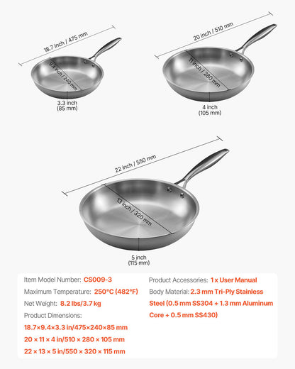 Tri-Ply Stainless Steel Frying Pan, 3 Pcs Set (8, 10, 12 in), Cooking Skillet with Heat-Resistant Handle, Chef's Kitchen Cookware, Oven, Gas, Electric, Induction, Dishwasher Compatible, Silver