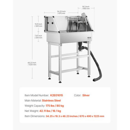 86.4 cm Stainless Steel Dog Grooming Tub with Pet Faucet | EU