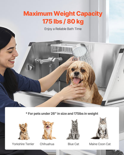 34 Inch Stainless Steel Dog Washing Station, Pet Grooming Tub with Hot & Cold Faucet, Showerhead, Storage Rack, No-Bend All-in-One Bathtub, Home Wash Sink, Fits Small Cats and Dogs