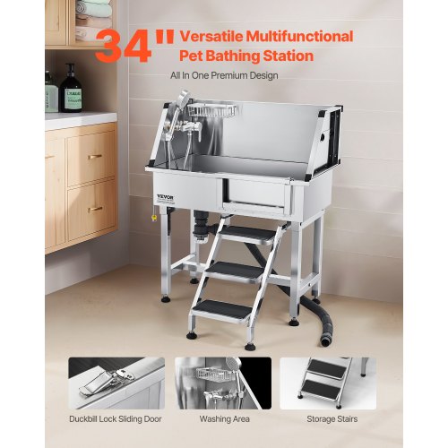 86,4 cm badkar för hundtrimning i rostfritt stål med trappor, kran, duschmunstycke |  EU