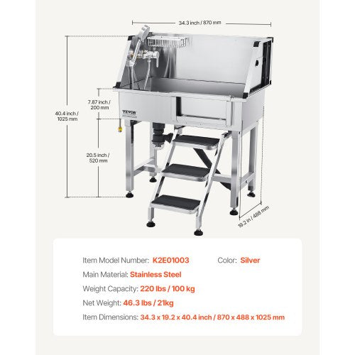 86,4 cm badkar för hundtrimning i rostfritt stål med trappor, kran, duschmunstycke |  EU