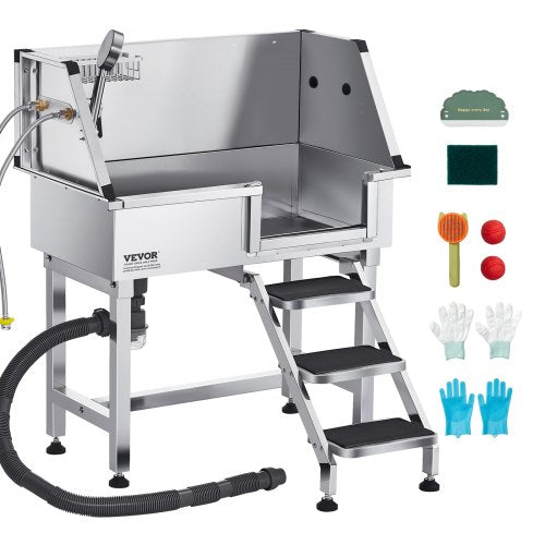 86.4 cm stainless steel dog grooming tub with steps, faucet, shower head | EU