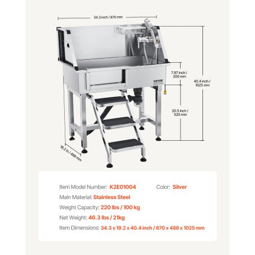 86.4 cm stainless steel dog grooming tub with steps, faucet, left door | EU