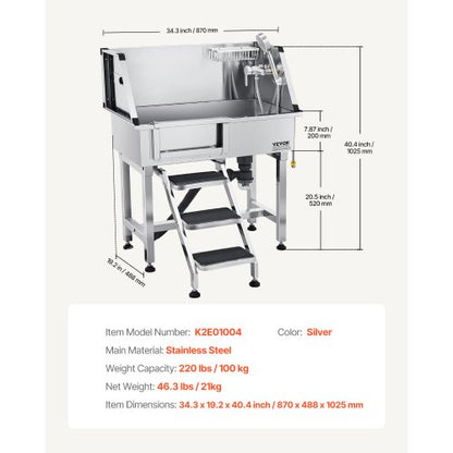 86.4 cm stainless steel dog grooming tub with steps, faucet, left door | EU