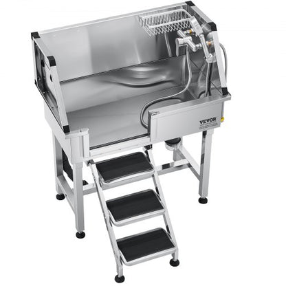 86.4 cm stainless steel dog grooming tub with steps, faucet, left door | EU