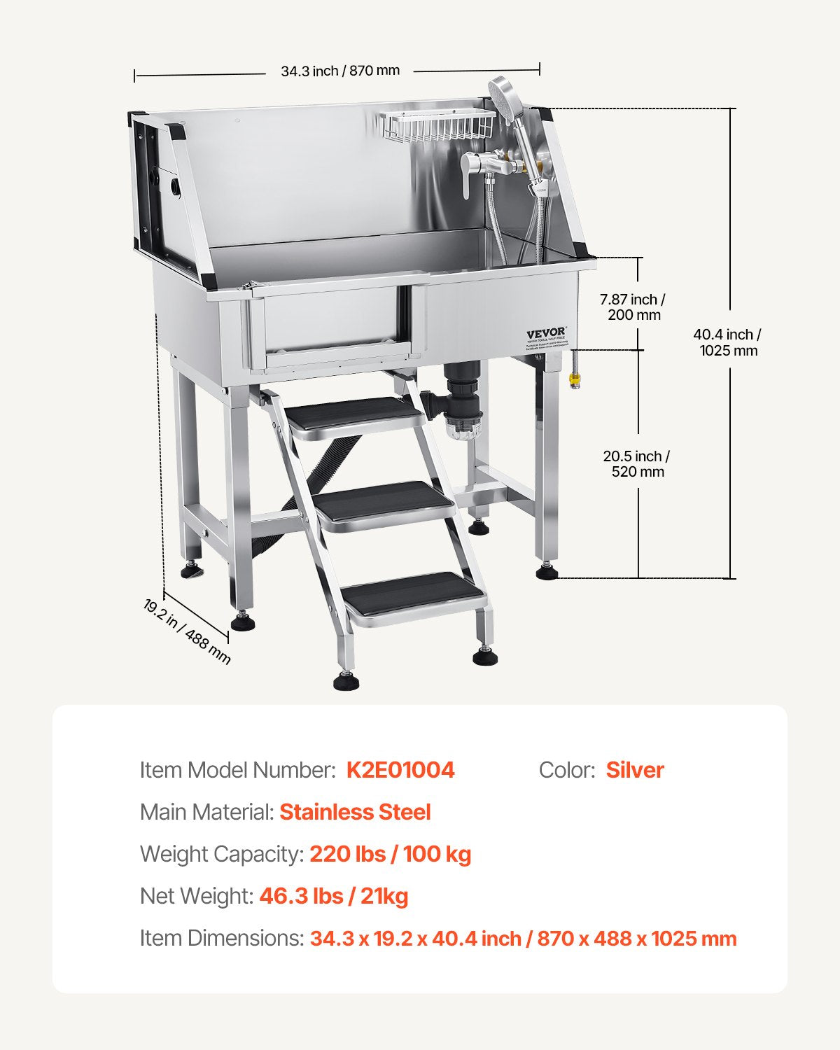 34 Inch Stainless Steel Dog Washing Station, Pet Grooming Tub with Hot & Cold Faucet, Showerhead, Home Wash Sink, Fits Small Cats and Dogs, Non-Slip Stairs (Left Door)