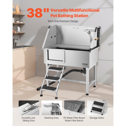 96,5 cm Edelstahl-Hundepflegewanne mit Stufen, Wasserhahn, linke Tür