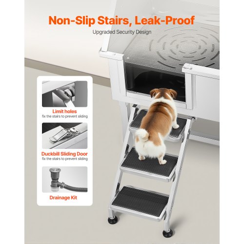 96,5 cm Edelstahl-Hundepflegewanne mit Stufen, Wasserhahn, linke Tür