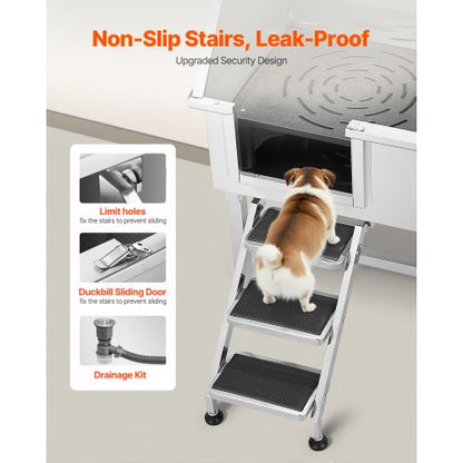 96,5 cm Edelstahl-Hundepflegewanne mit Stufen, Wasserhahn, linke Tür