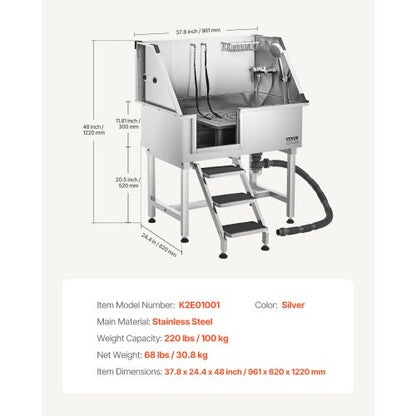 96,5 cm Edelstahl-Hundepflegewanne mit Stufen, Wasserhahn, linke Tür