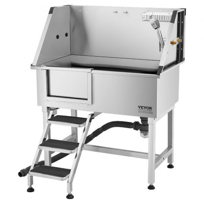 96,5 cm Edelstahl-Hundepflegewanne mit Stufen, Wasserhahn, linke Tür