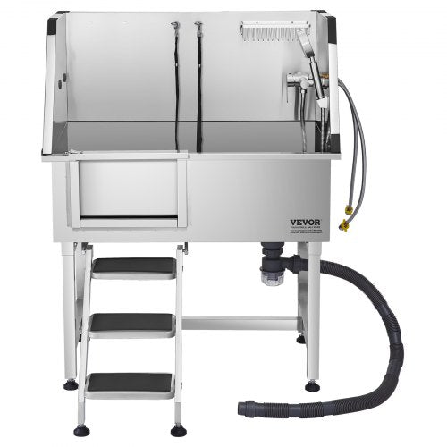 96,5 cm Edelstahl-Hundepflegewanne mit Stufen, Wasserhahn, linke Tür