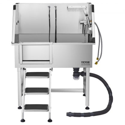 96,5 cm Edelstahl-Hundepflegewanne mit Stufen, Wasserhahn, linke Tür