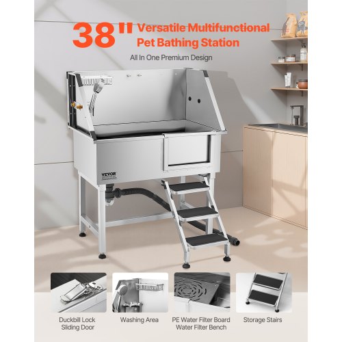 96,5 cm Edelstahl-Hundepflegewanne mit Stufen, Wasserhahn, Duschkopf