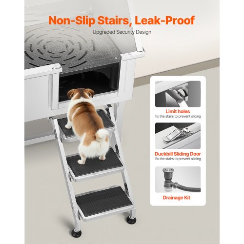 96,5 cm Edelstahl-Hundepflegewanne mit Stufen, Wasserhahn, Duschkopf