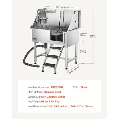 96,5 cm Edelstahl-Hundepflegewanne mit Stufen, Wasserhahn, Duschkopf