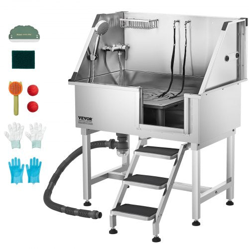 96.5 cm stainless steel dog grooming tub with steps, faucet, shower head