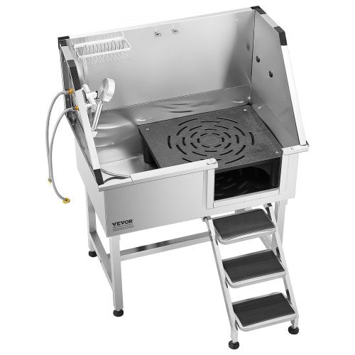 96,5 cm Edelstahl-Hundepflegewanne mit Stufen, Wasserhahn, Duschkopf