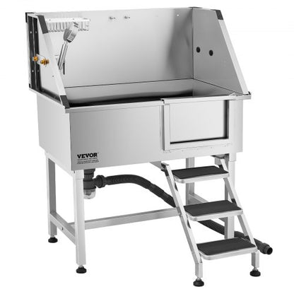 96,5 cm Edelstahl-Hundepflegewanne mit Stufen, Wasserhahn, Duschkopf