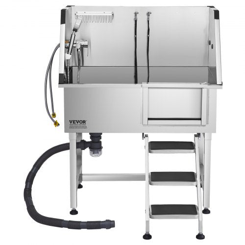 96,5 cm Edelstahl-Hundepflegewanne mit Stufen, Wasserhahn, Duschkopf