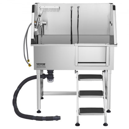 96,5 cm Edelstahl-Hundepflegewanne mit Stufen, Wasserhahn, Duschkopf