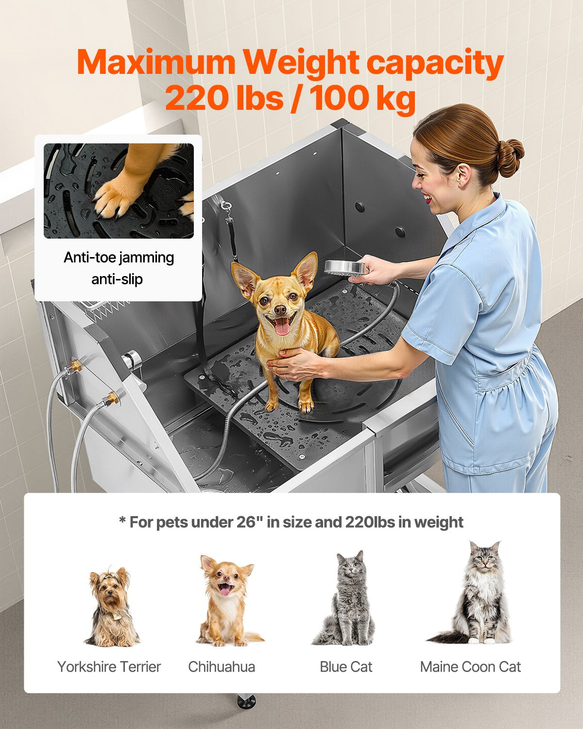 38 Inch Stainless Steel Dog Washing Station, Pet Grooming Tub with Hot & Cold Faucet, Showerhead, Home Wash Sink, Fits Small and Medium Cats and Dogs, Non-Slip Stairs (Right Door)