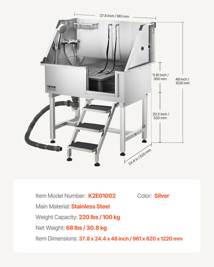 38 Inch Stainless Steel Dog Washing Station, Pet Grooming Tub with Hot & Cold Faucet, Showerhead, Home Wash Sink, Fits Small and Medium Cats and Dogs, Non-Slip Stairs (Right Door)