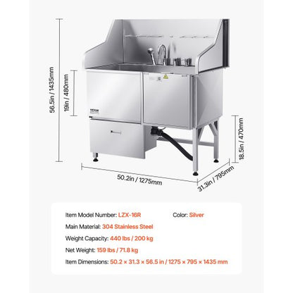 127 cm badkar för hundtrimning i rostfritt stål med ramp och duschmunstycke |  EU
