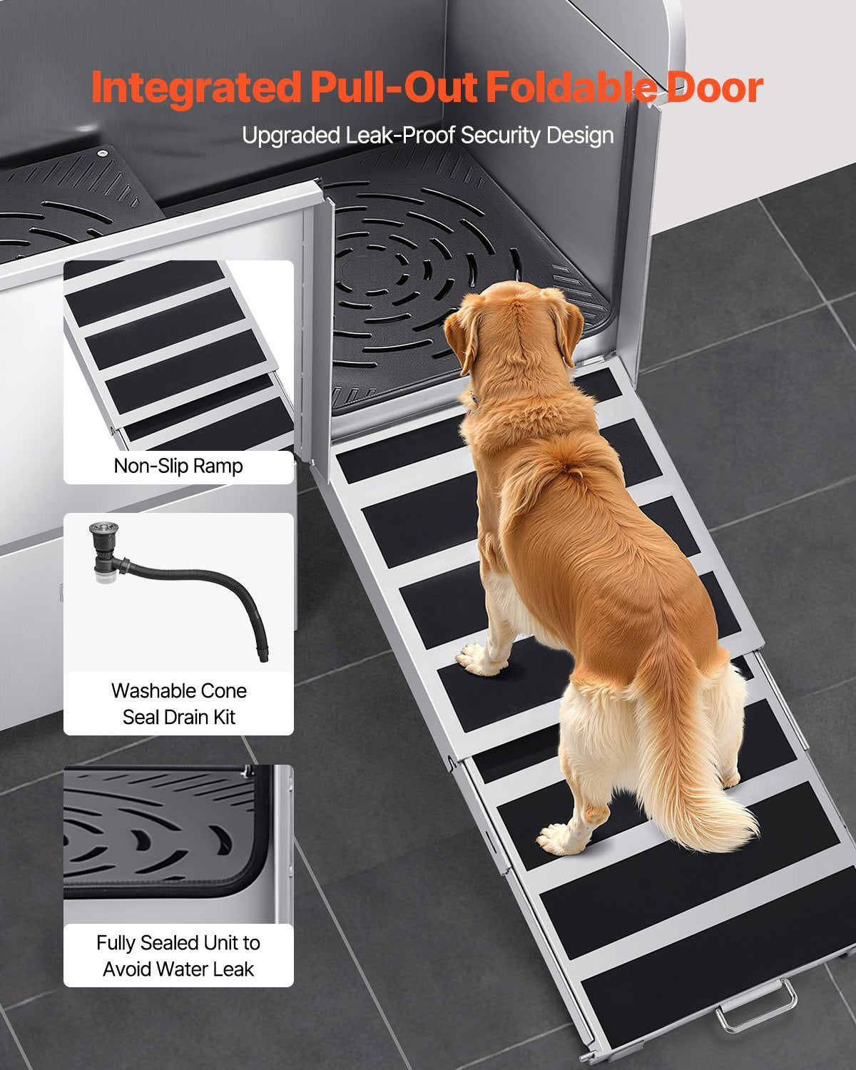 304 Stainless Steel Dog Washing Station, 50 Inch Pet Grooming Tub with Non-Slip Low-Slope Ramp, Storage Drawer, Hot & Cold Faucet, All-in-One Bath for Grooming Shop, Fits All Sizes (Right Door)