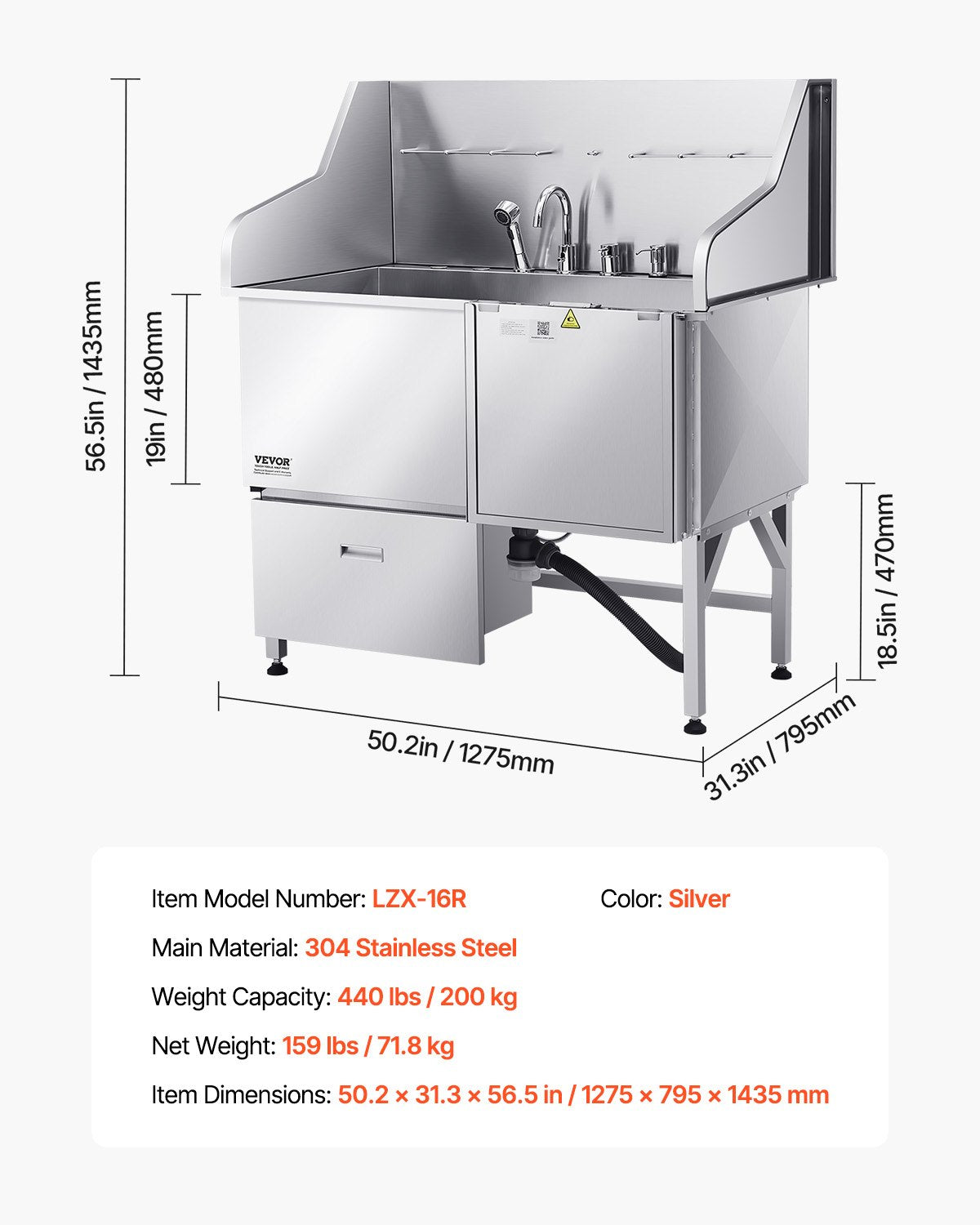 304 Stainless Steel Dog Washing Station, 50 Inch Pet Grooming Tub with Non-Slip Low-Slope Ramp, Storage Drawer, Hot & Cold Faucet, All-in-One Bath for Grooming Shop, Fits All Sizes (Right Door)