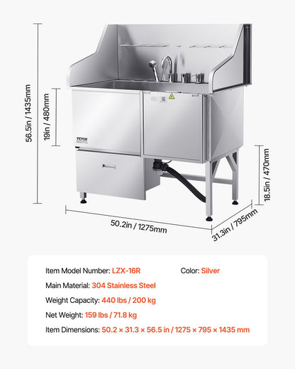 304 Stainless Steel Dog Washing Station, 50 Inch Pet Grooming Tub with Non-Slip Low-Slope Ramp, Storage Drawer, Hot & Cold Faucet, All-in-One Bath for Grooming Shop, Fits All Sizes (Right Door)